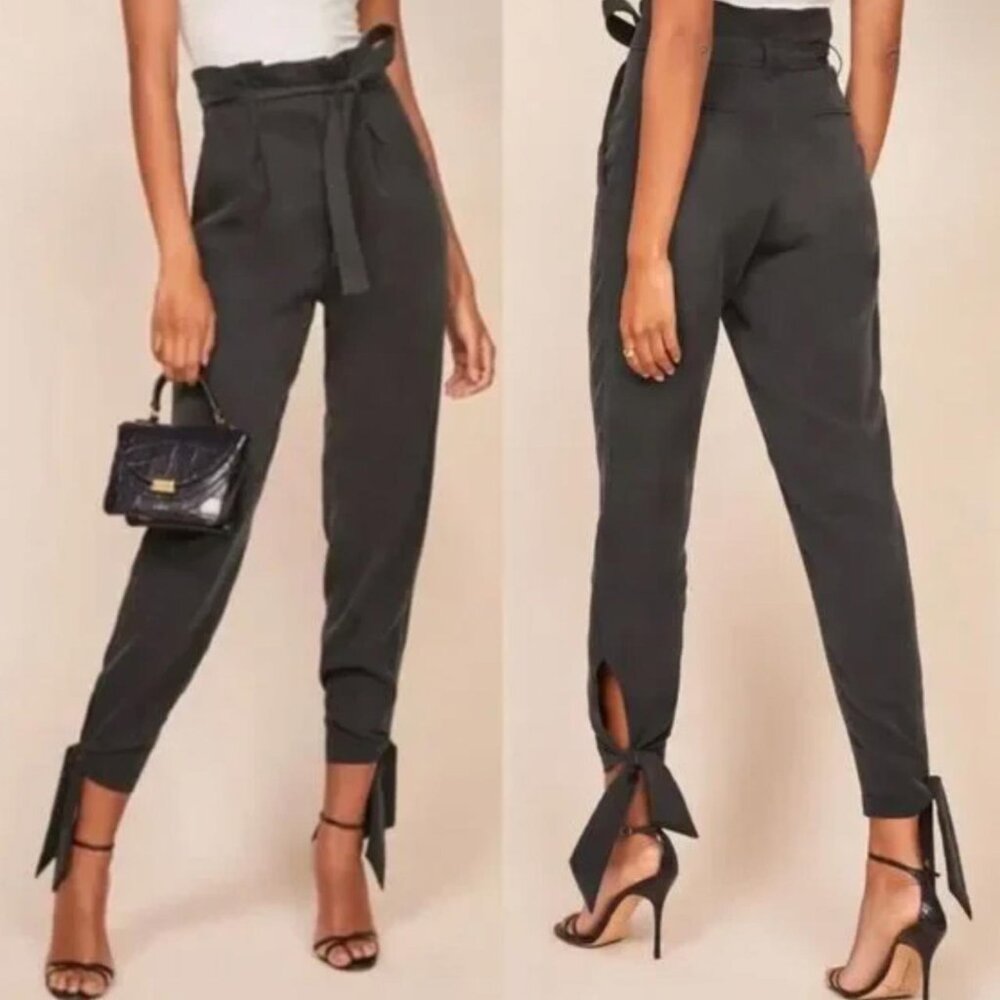 Reformation Avalon Pants High Rise Paperbag Waist Ankle Ties Black, Size 4